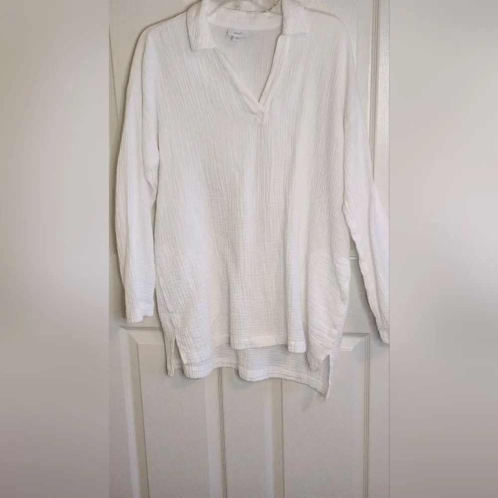 Pure Jill L White Lngslv V-neck Organically Grown Cotton Textured Women Top